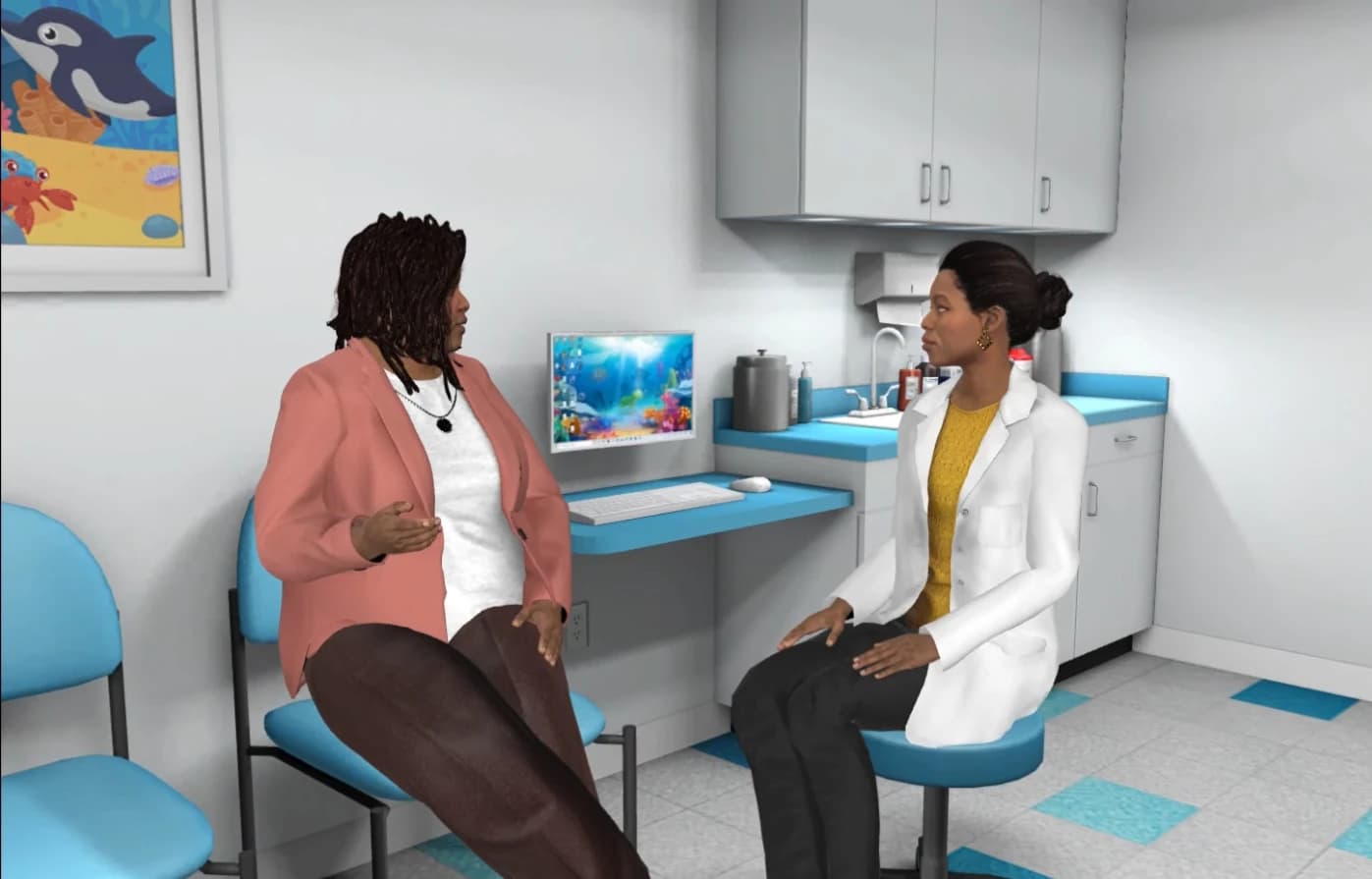 A clinician talking with a caregiver in a pediatric exam room in an AliveSim scenario