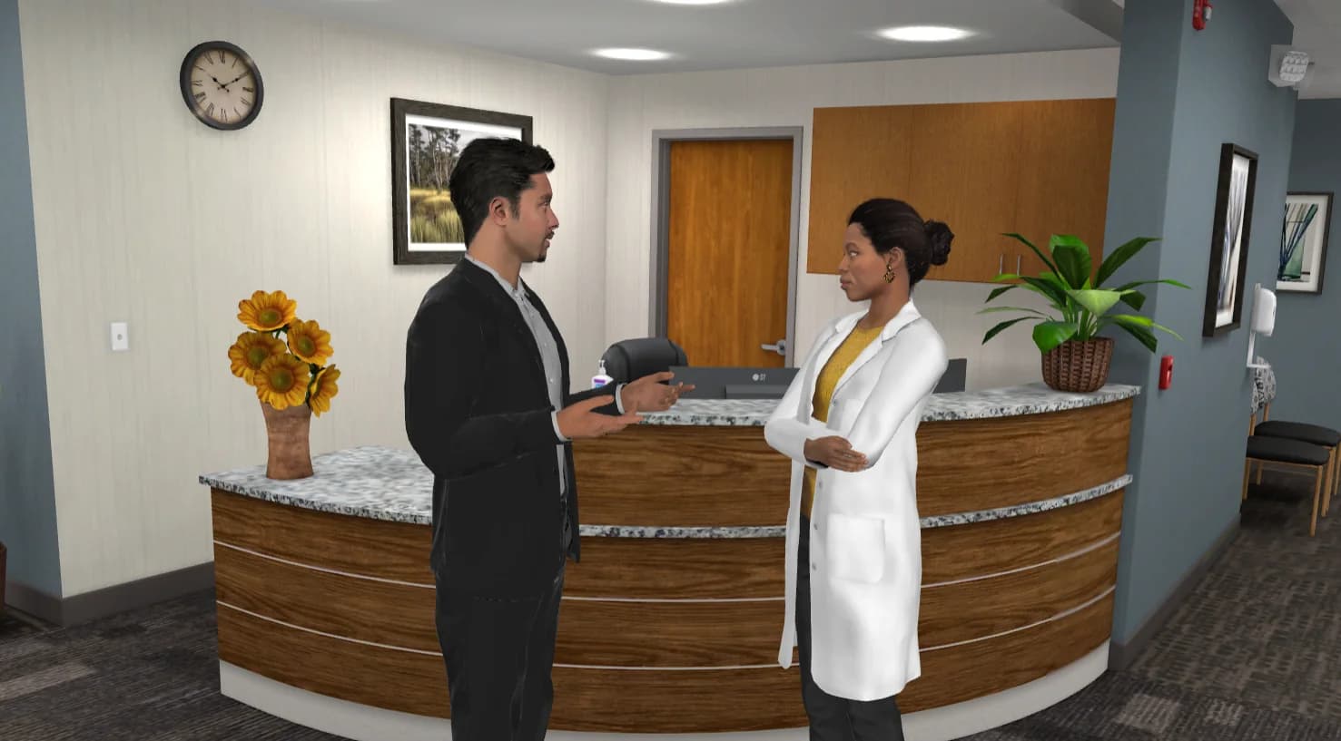 Rep and physician conversation built in AliveSim Studio, with dialogue and decision points